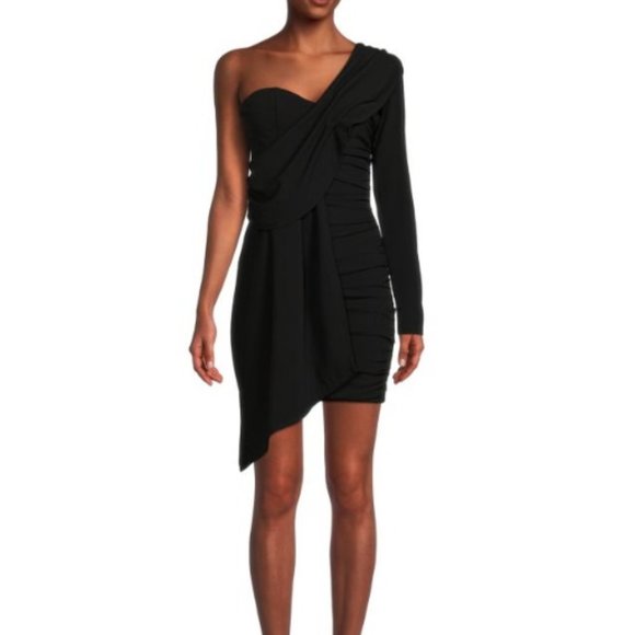 LEA & VIOLA One-Shoulder Ruched Dress in Black - Picture 1 of 3